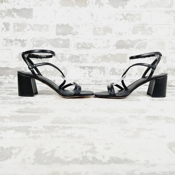 New Nordstrom Lagrange Black Faux Leather Block Heel Strappy Sandals K90 - Picture 7 of 13
